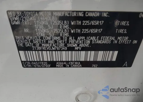 2018 Toyota Rav4 Le z USA, uszkodzony, nr VIN 2T3BFREV0JW787349